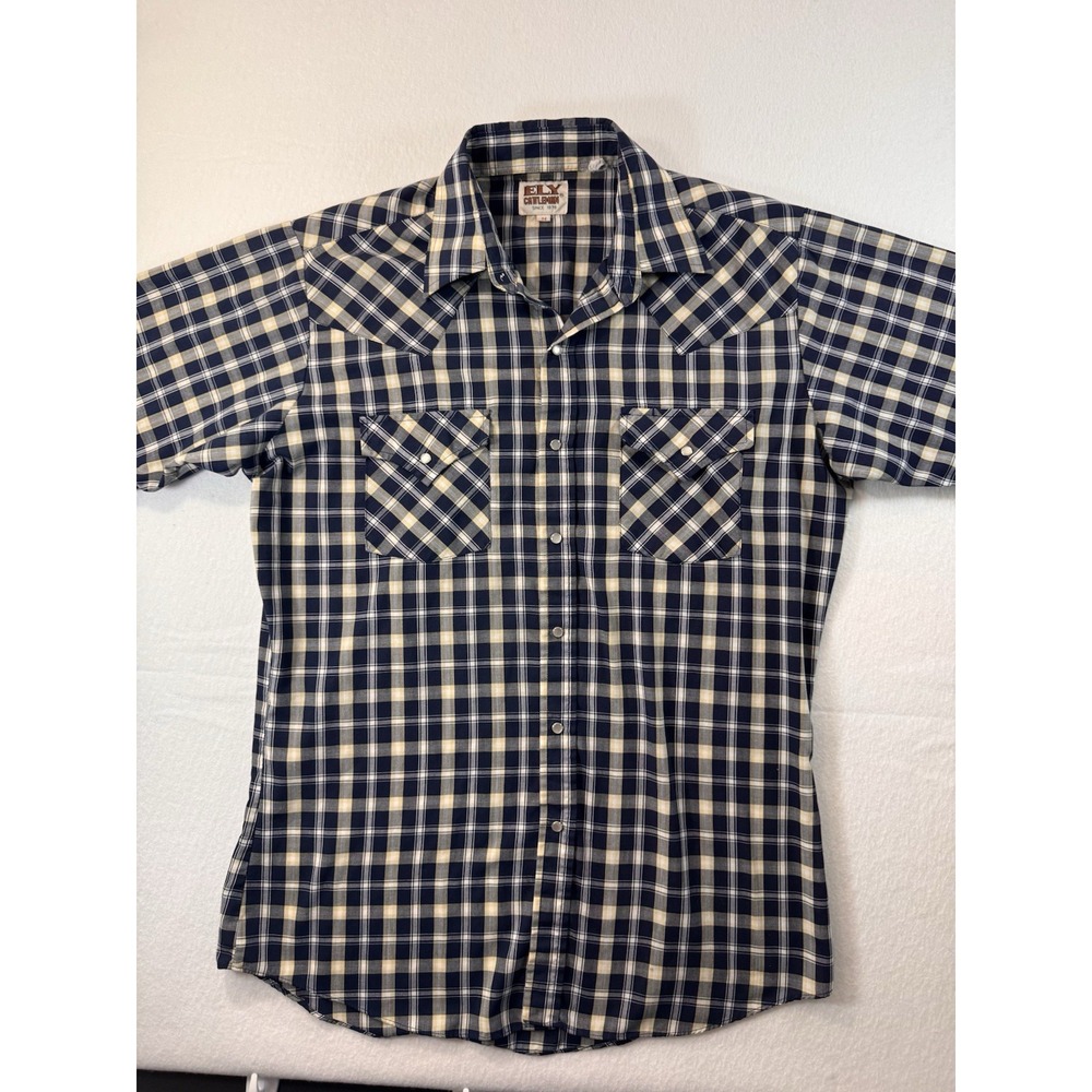Ely Cattleman Mens Short Sleeve Pearl Snap Button Up Sz M Blue Cowboy Rodeo EUC